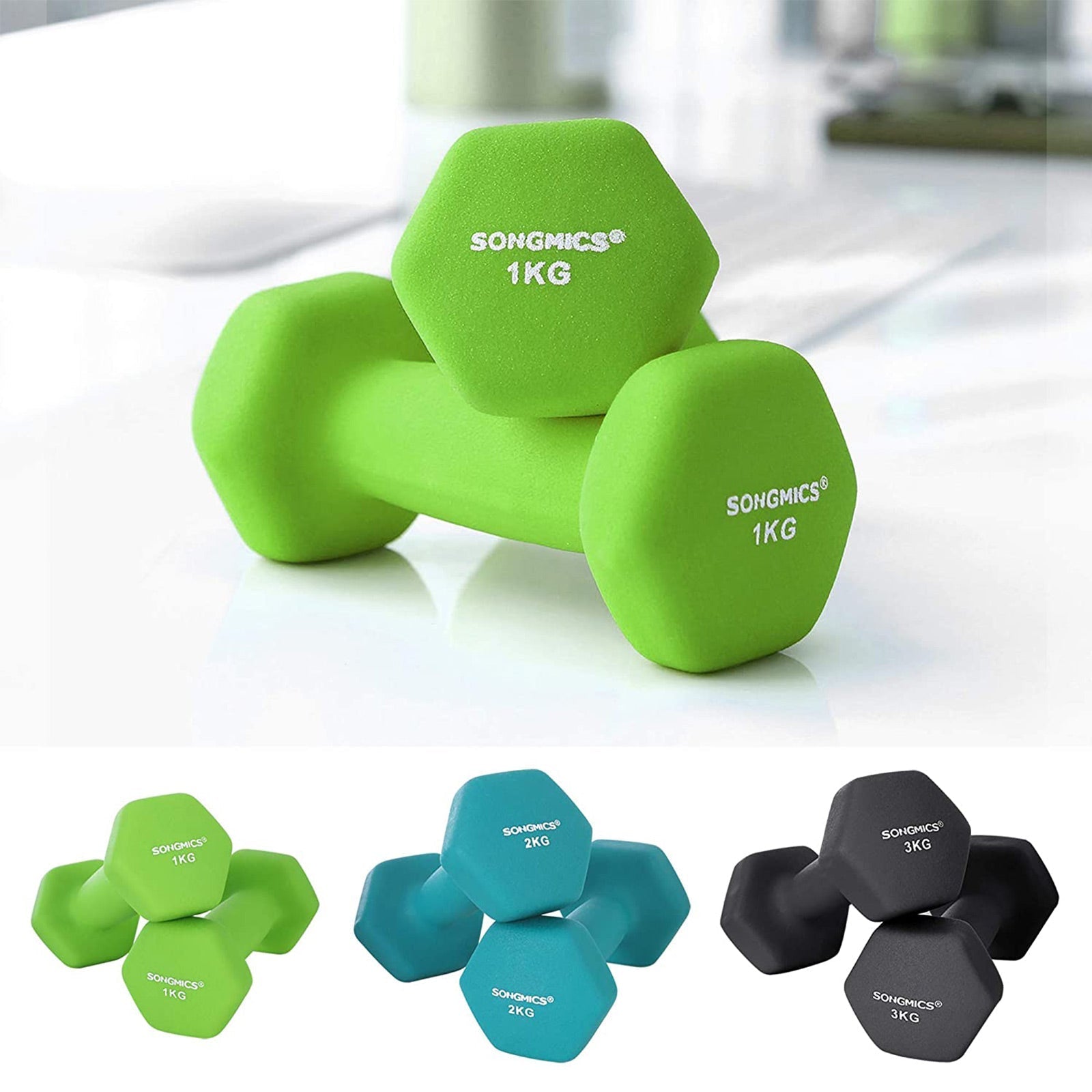 Dumbbell Kit - Neoprene - Lime, Teal, Grey - Includes Storage Stand