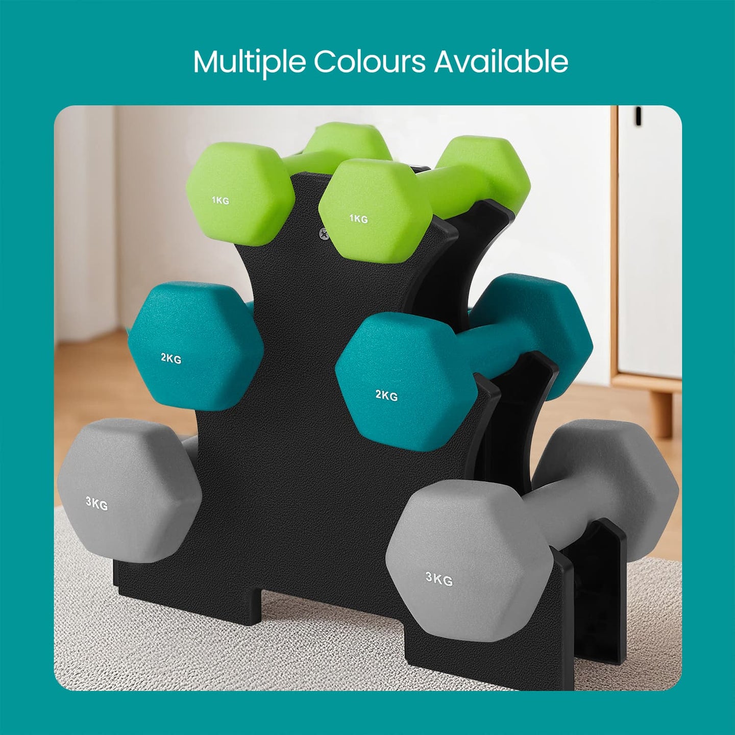 Dumbbell Set - Neoprene - Lime, Teal, Light Grey - Non-Slip with Stand