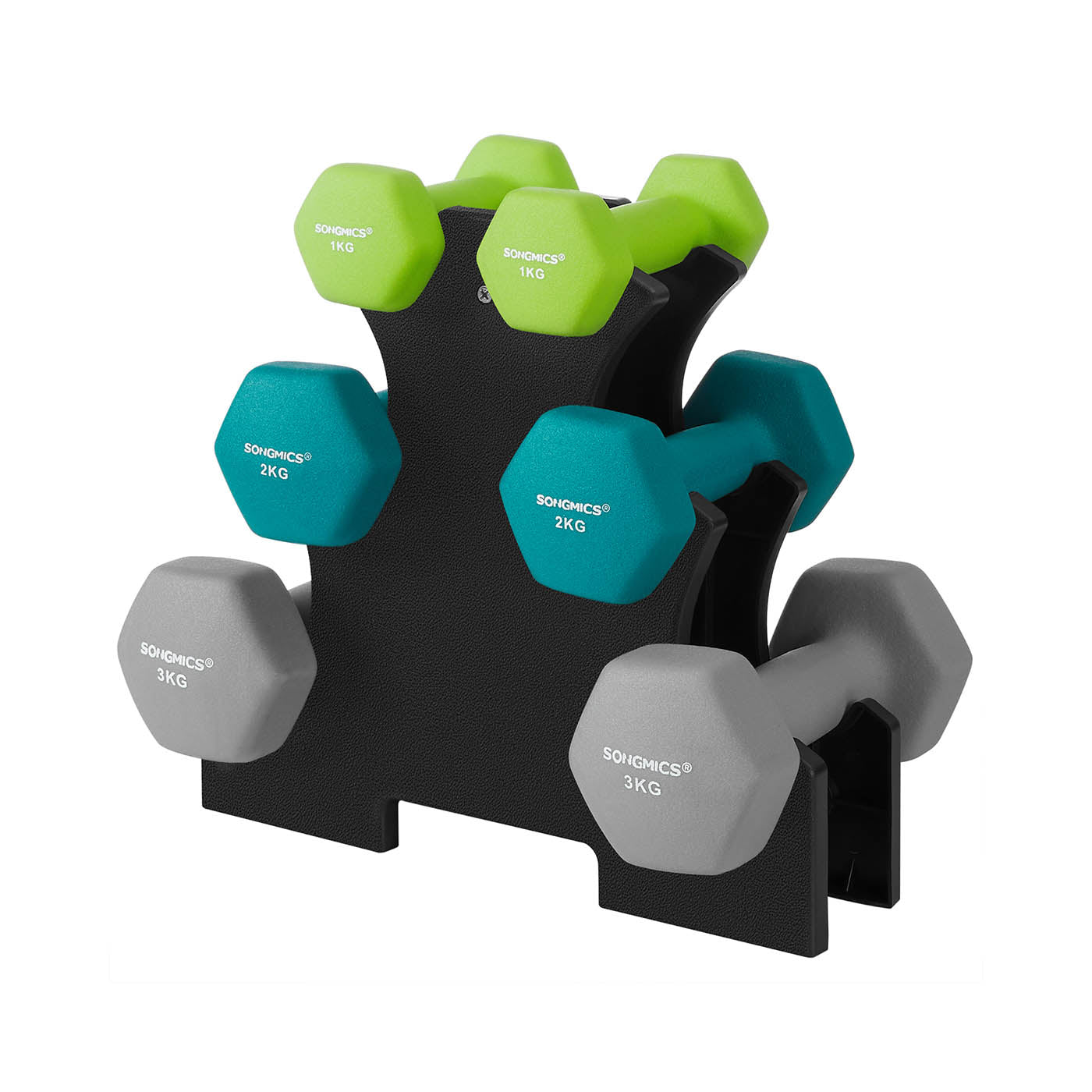Hex Dumbbells Set - Neoprene - Lime, Teal, Grey - Includes Stand