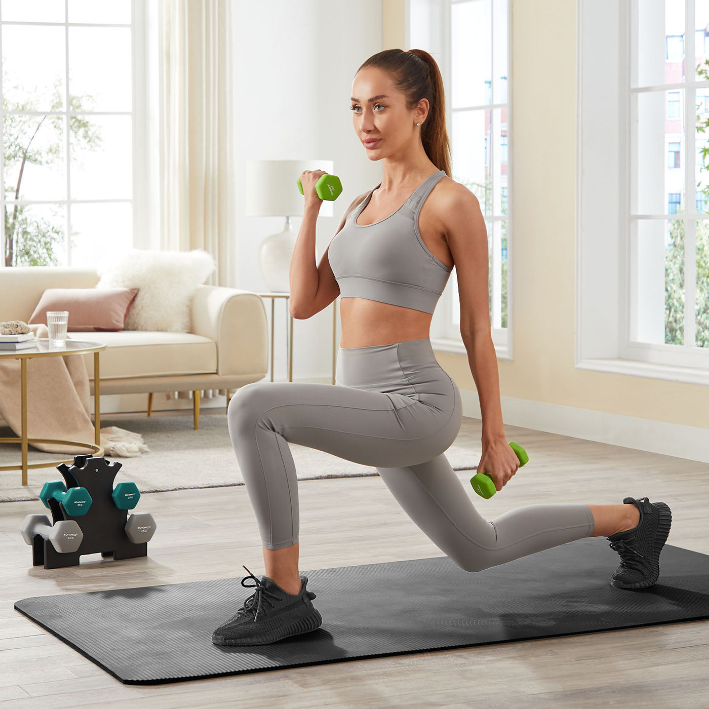 Hex Dumbbells Set - Neoprene - Lime, Teal, Grey - Includes Stand