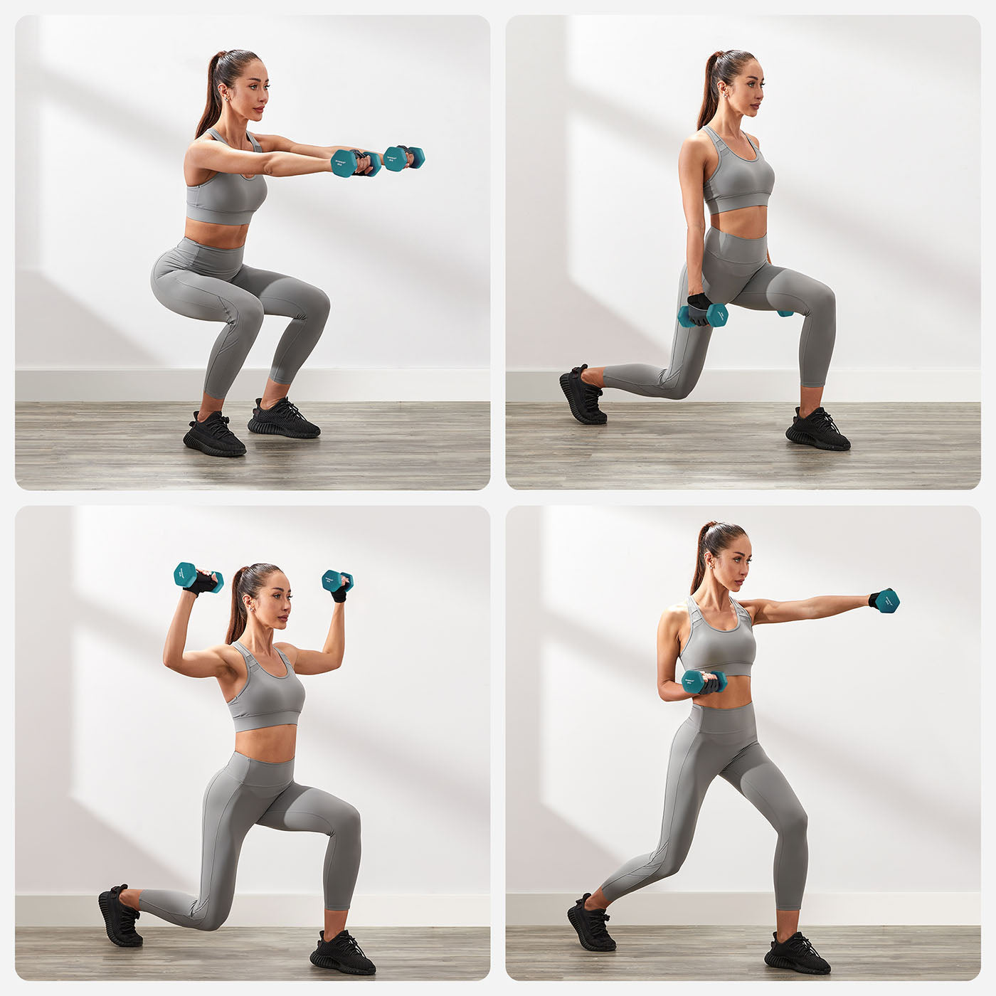 Hex Dumbbells Set - Neoprene - Lime, Teal, Grey - Includes Stand