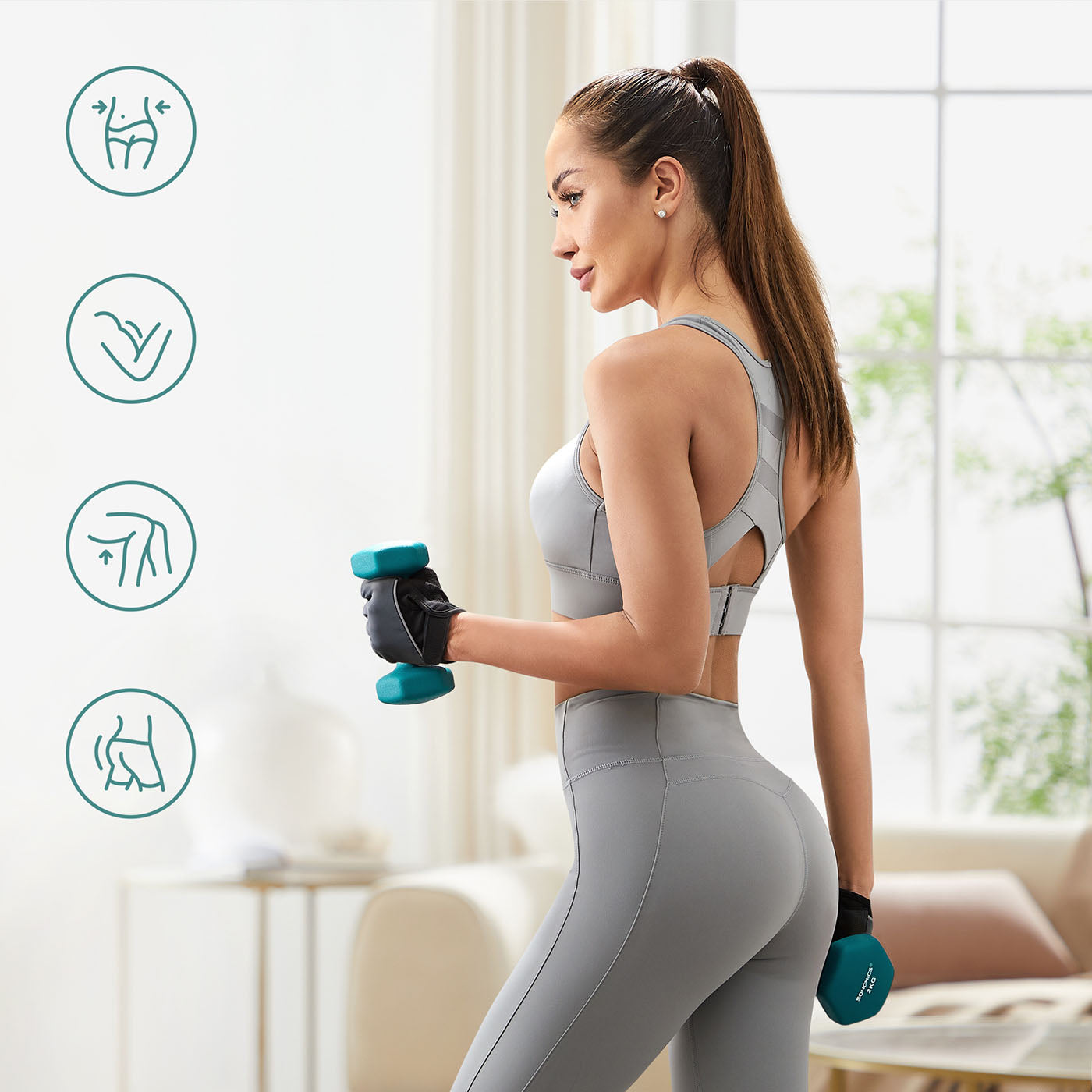 Hex Dumbbells Set - Neoprene - Lime, Teal, Grey - Includes Stand