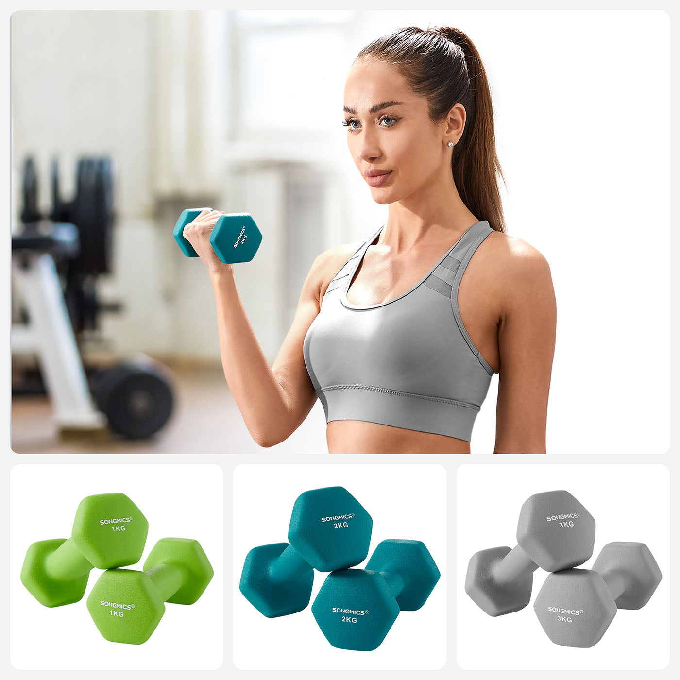 Hex Dumbbells Set - Neoprene - Lime, Teal, Grey - Includes Stand