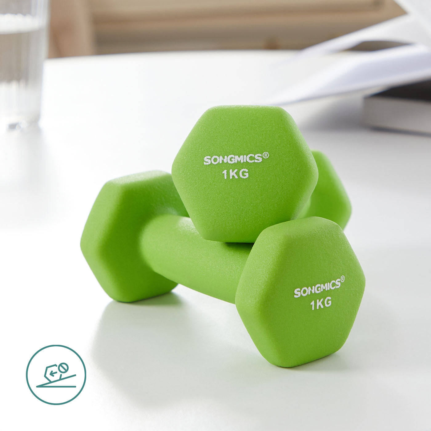 Hex Dumbbells Set - Neoprene - Lime, Teal, Grey - Includes Stand