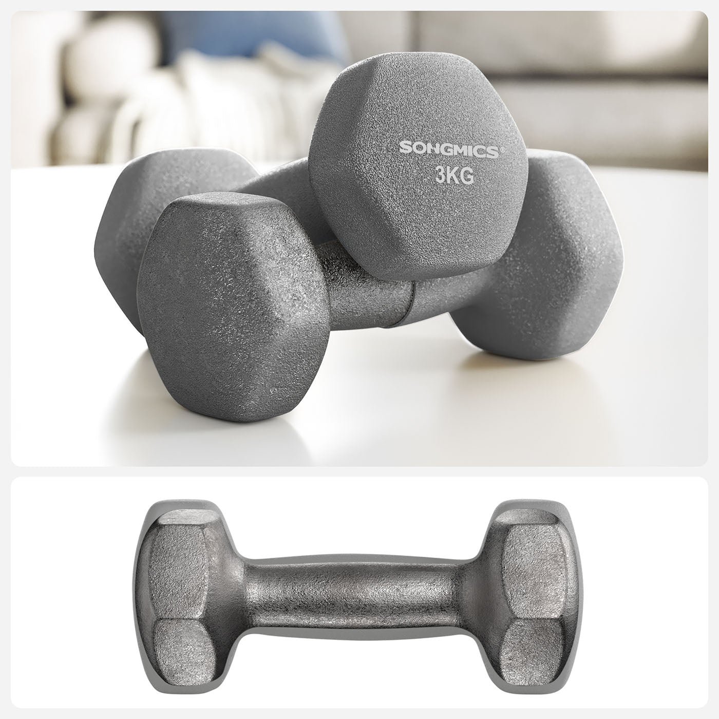 Hex Dumbbells Set - Neoprene - Lime, Teal, Grey - Includes Stand