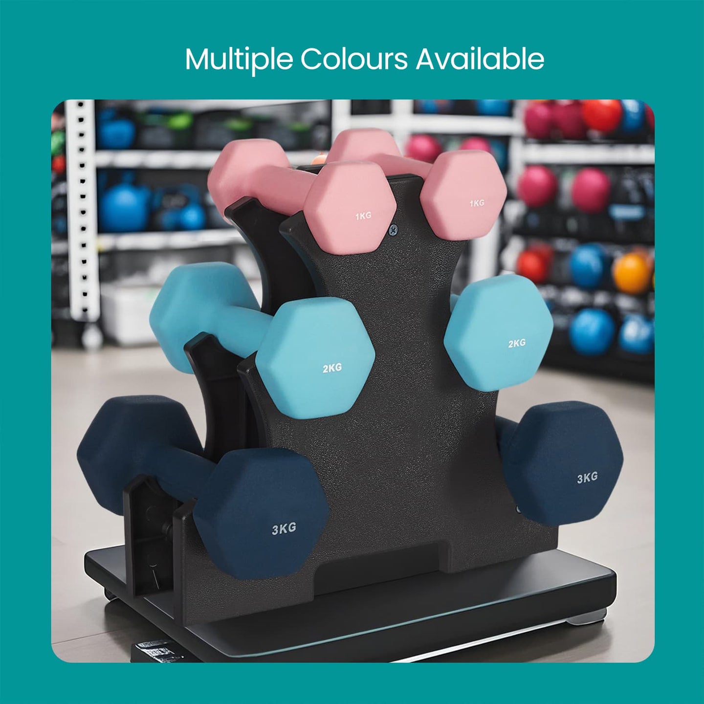 Dumbbell Set - Neoprene - Lime, Teal, Light Grey - Non-Slip with Stand