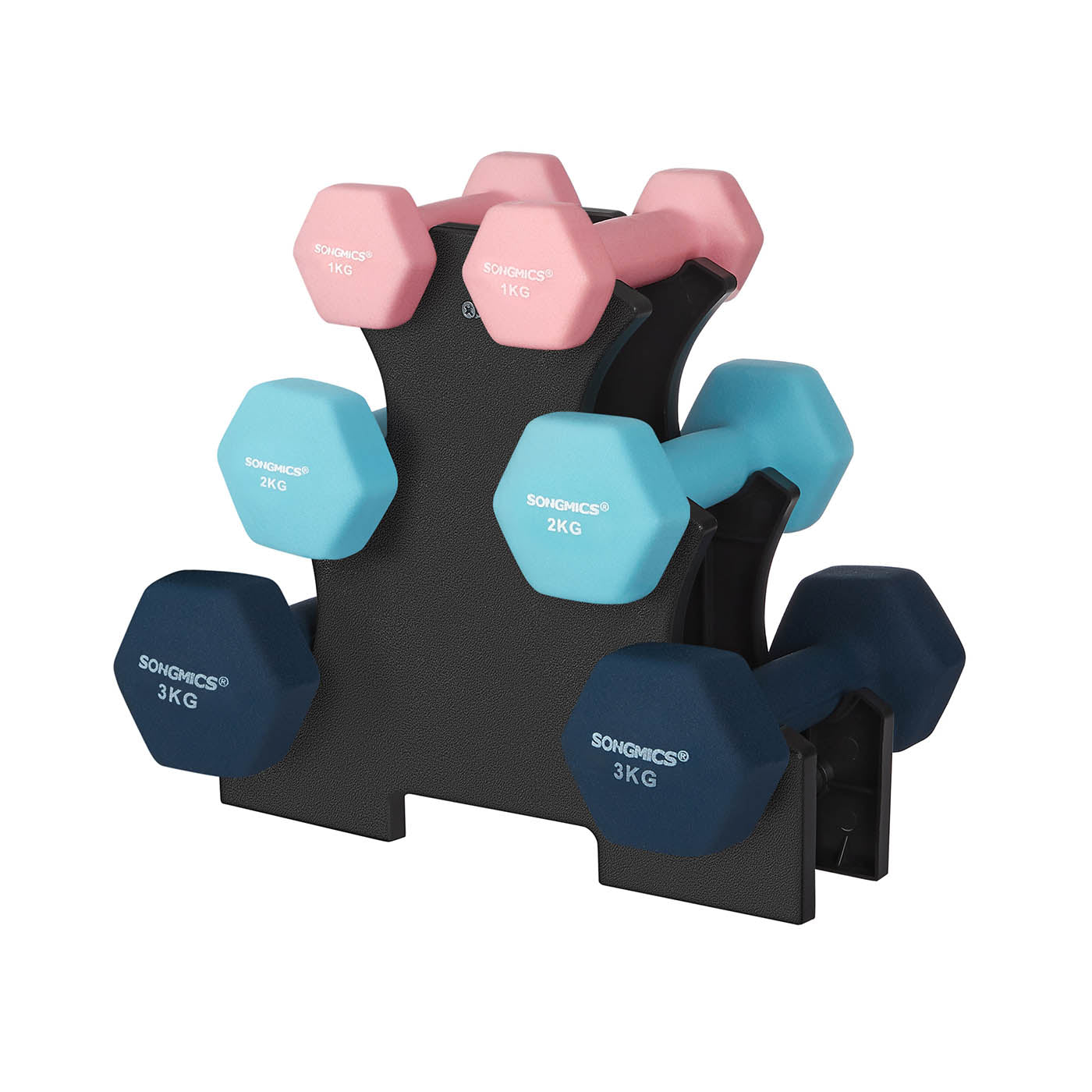 Hex Dumbbell Set - Neoprene - Lime, Teal, Grey - Includes Storage Rack