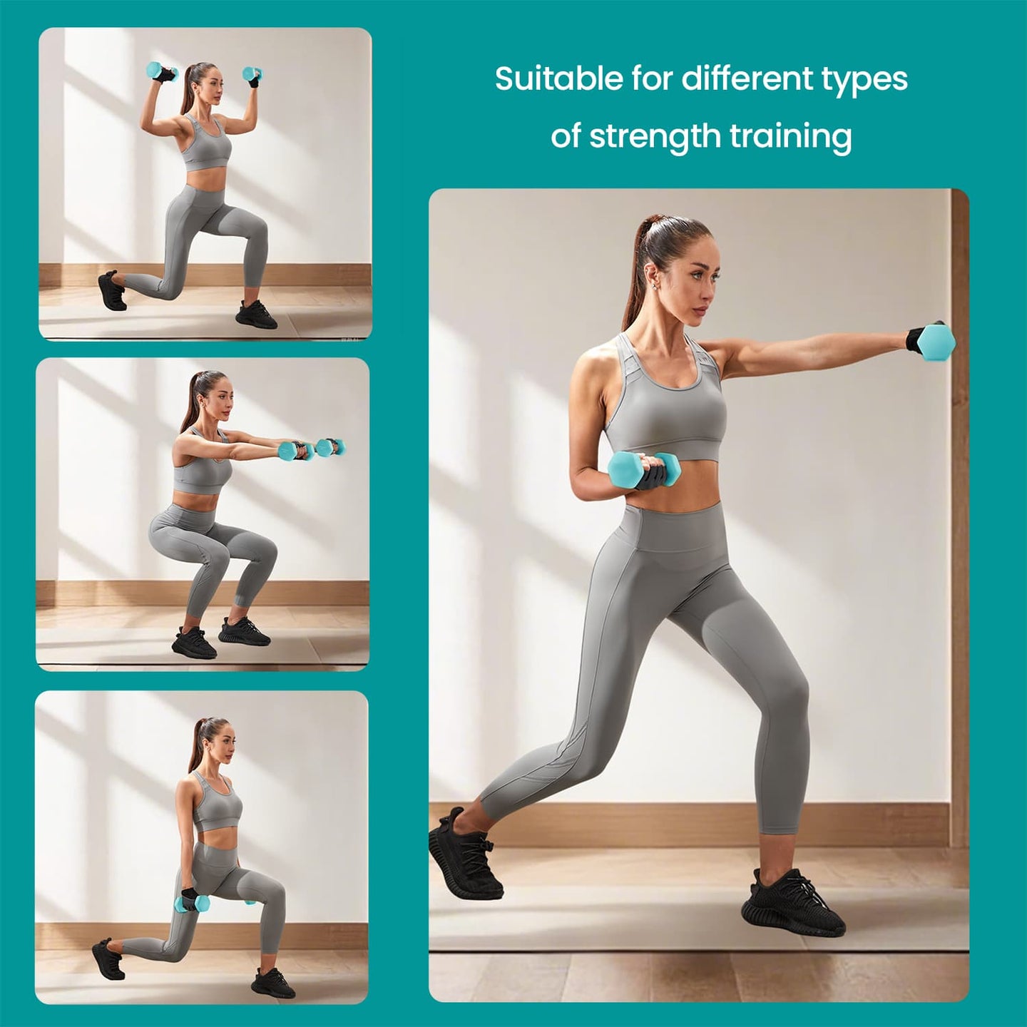 Dumbbell Set - Neoprene - Lime, Teal, Light Grey - Non-Slip with Stand