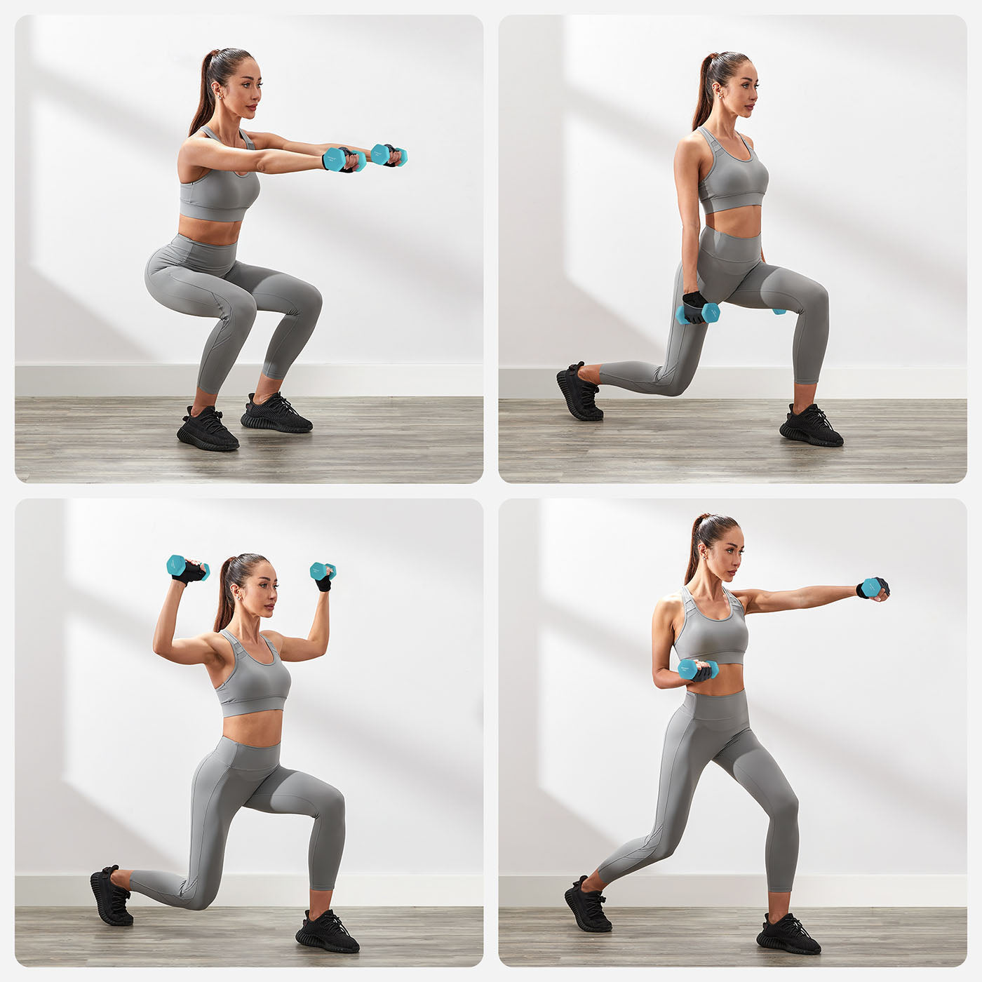 Hex Dumbbell Set - Neoprene - Lime, Teal, Grey - Includes Storage Rack