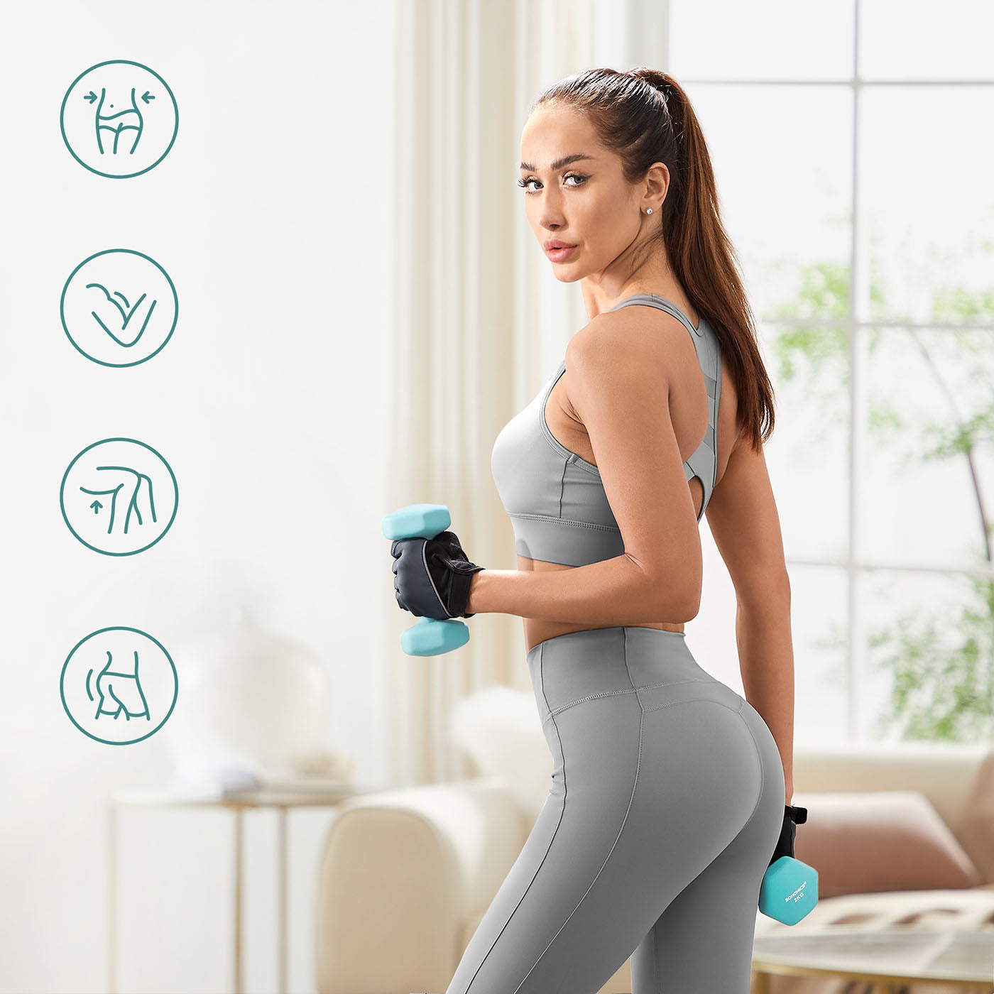 Hex Dumbbell Set - Neoprene - Lime, Teal, Grey - Includes Storage Rack