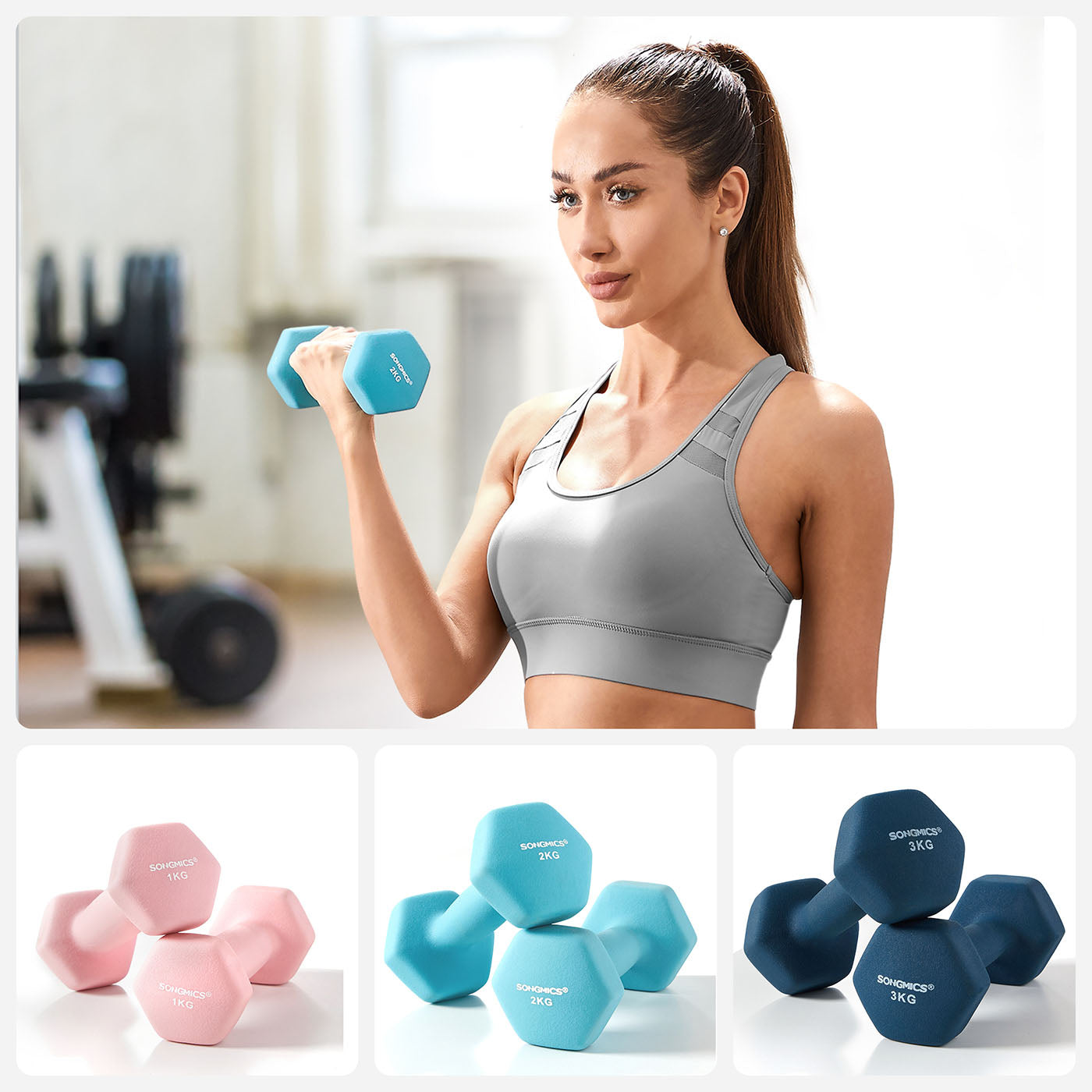 Hex Dumbbell Set - Neoprene - Lime, Teal, Grey - Includes Storage Rack