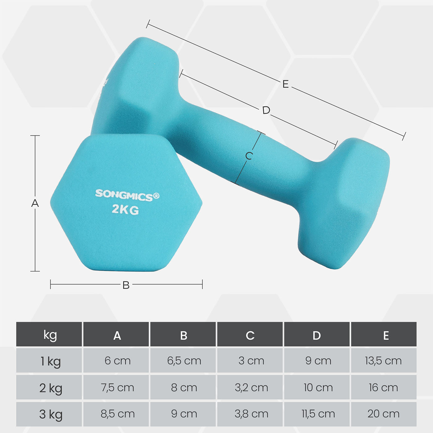 Hex Dumbbell Set - Neoprene - Lime, Teal, Grey - Includes Storage Rack