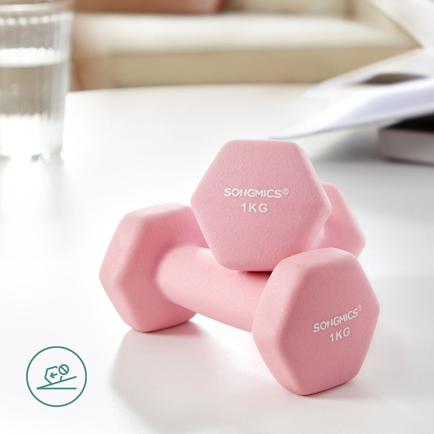 Hex Dumbbell Set - Neoprene - Lime, Teal, Grey - Includes Storage Rack