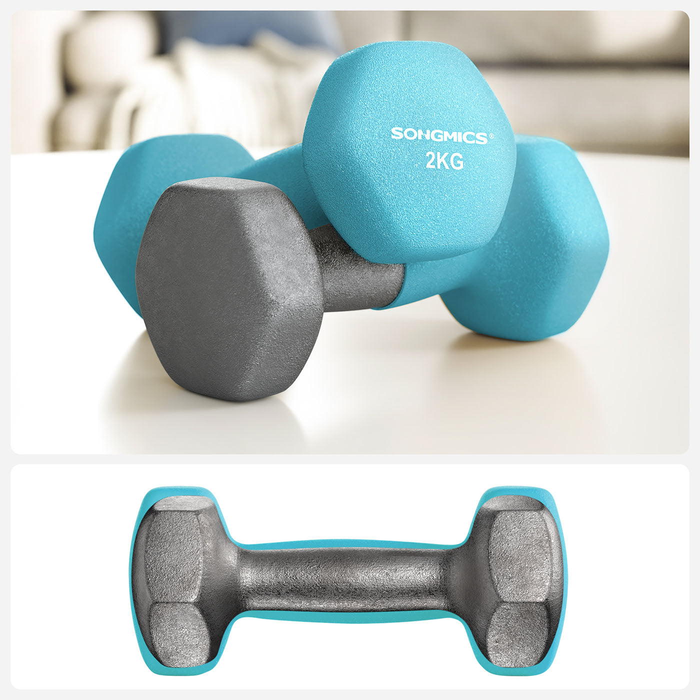 Hex Dumbbell Set - Neoprene - Lime, Teal, Grey - Includes Storage Rack