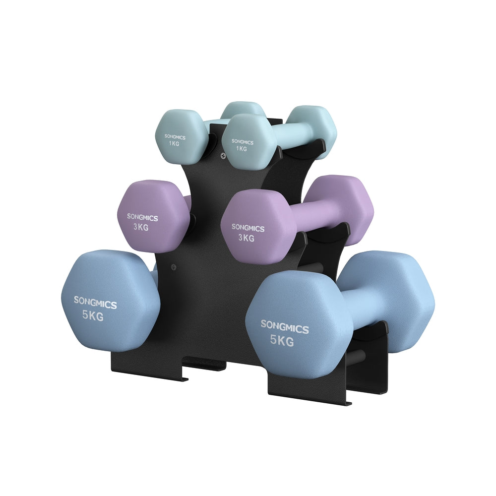 Hex Dumbbells Set - Neoprene - Lime, Teal, Grey - Includes Stand