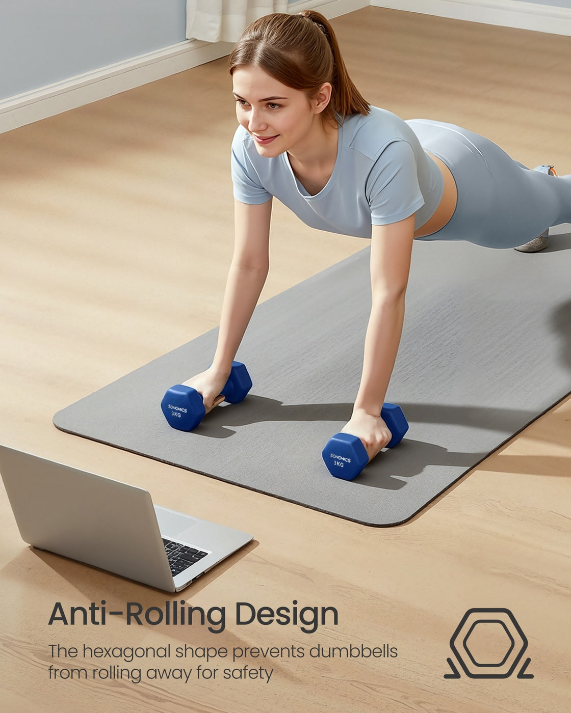 Hex Dumbbells Set - Neoprene - Lime, Teal, Grey - Includes Stand