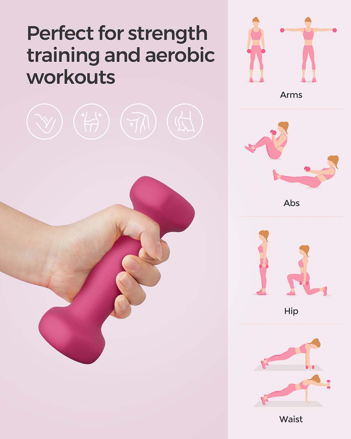 Vinyl Dumbbells - Set of 2 - Pink - Various Weights (0.5 kg to 5 kg)