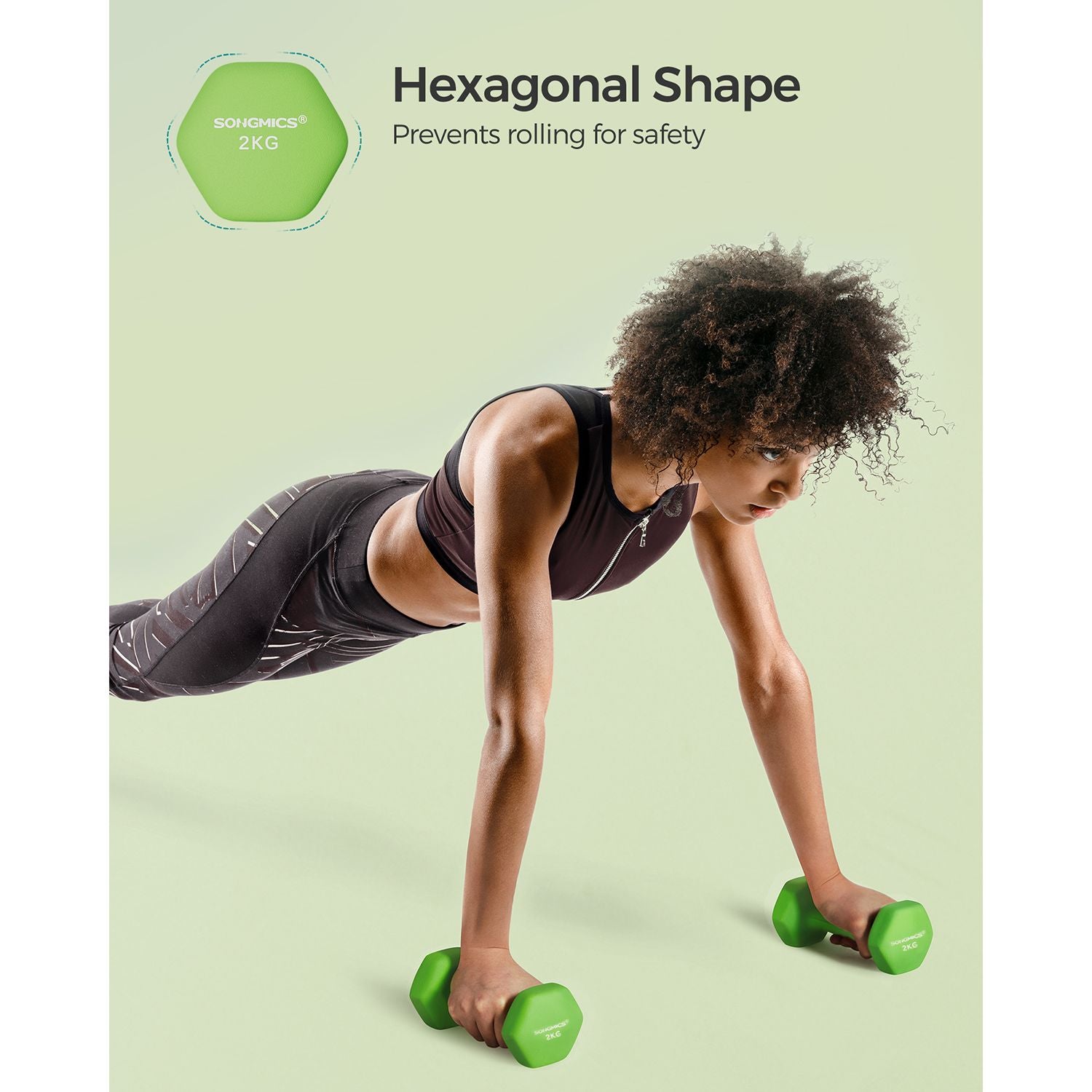 Hexagonal Dumbbells - Steel - Green - Set of 2 x 2 kg for Home Workout