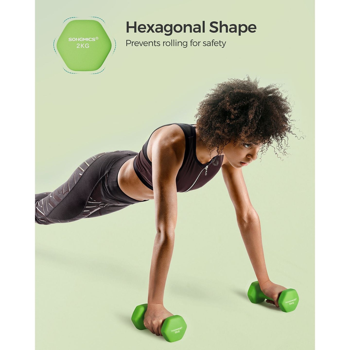 Hexagonal Dumbbells - Steel - Green - Set of 2 x 2 kg for Home Workout