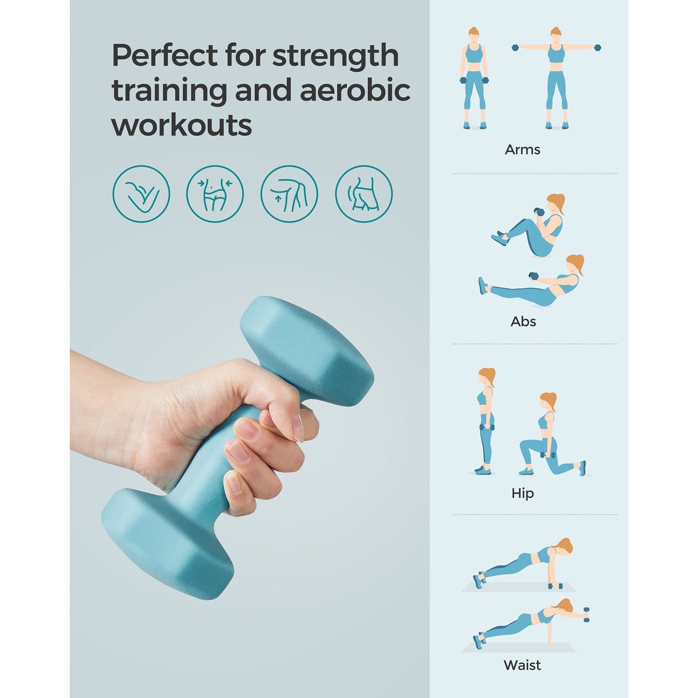 Hexagonal Dumbbells Set - Steel - Light Blue - Ideal for Home Workout and Fitness Training