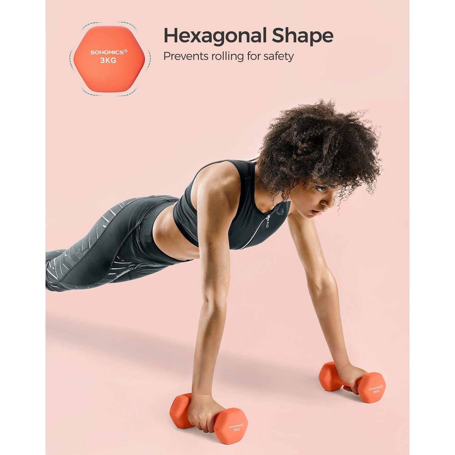 Set of 2 Hexagonal Dumbbells - Steel - Orange - Ideal for Home Workout and Fitness Training