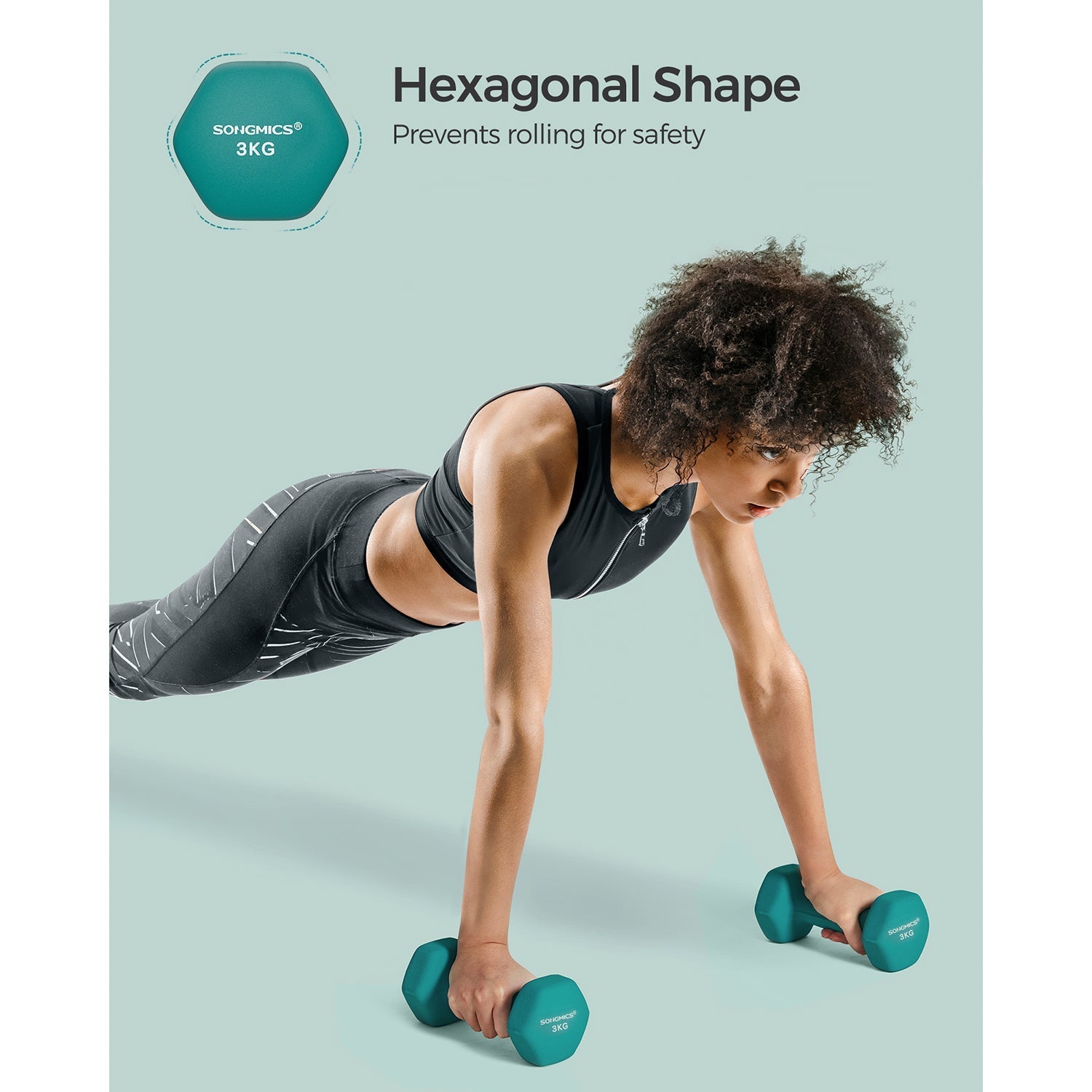 Set of 2 Hexagonal Dumbbells - Steel - Teal - Home Workout Fitness Exercise
