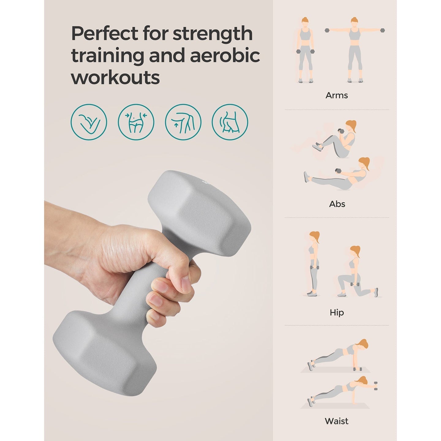 Set of 2 Hexagonal Dumbbells - 5 kg Each - Iron - Grey