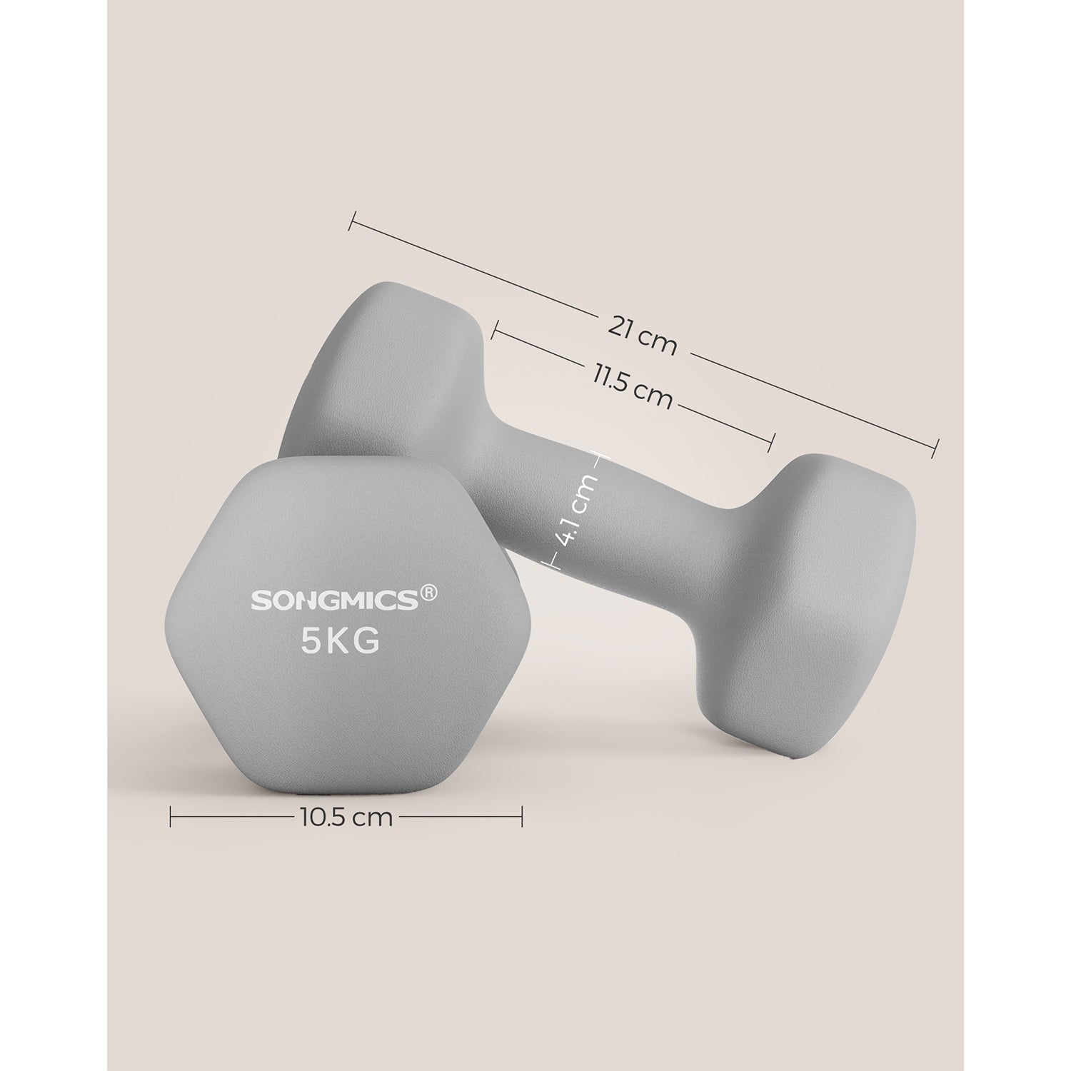 Set of 2 Hexagonal Dumbbells - 5 kg Each - Iron - Grey