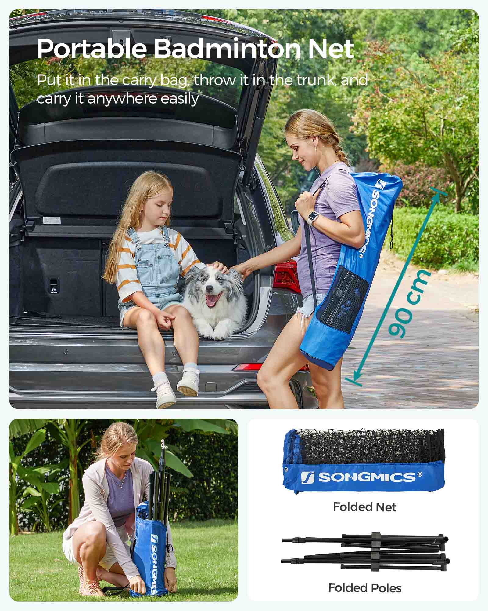 Tennis Net - Polyester - Blue - 5m Height Adjustable with Poles