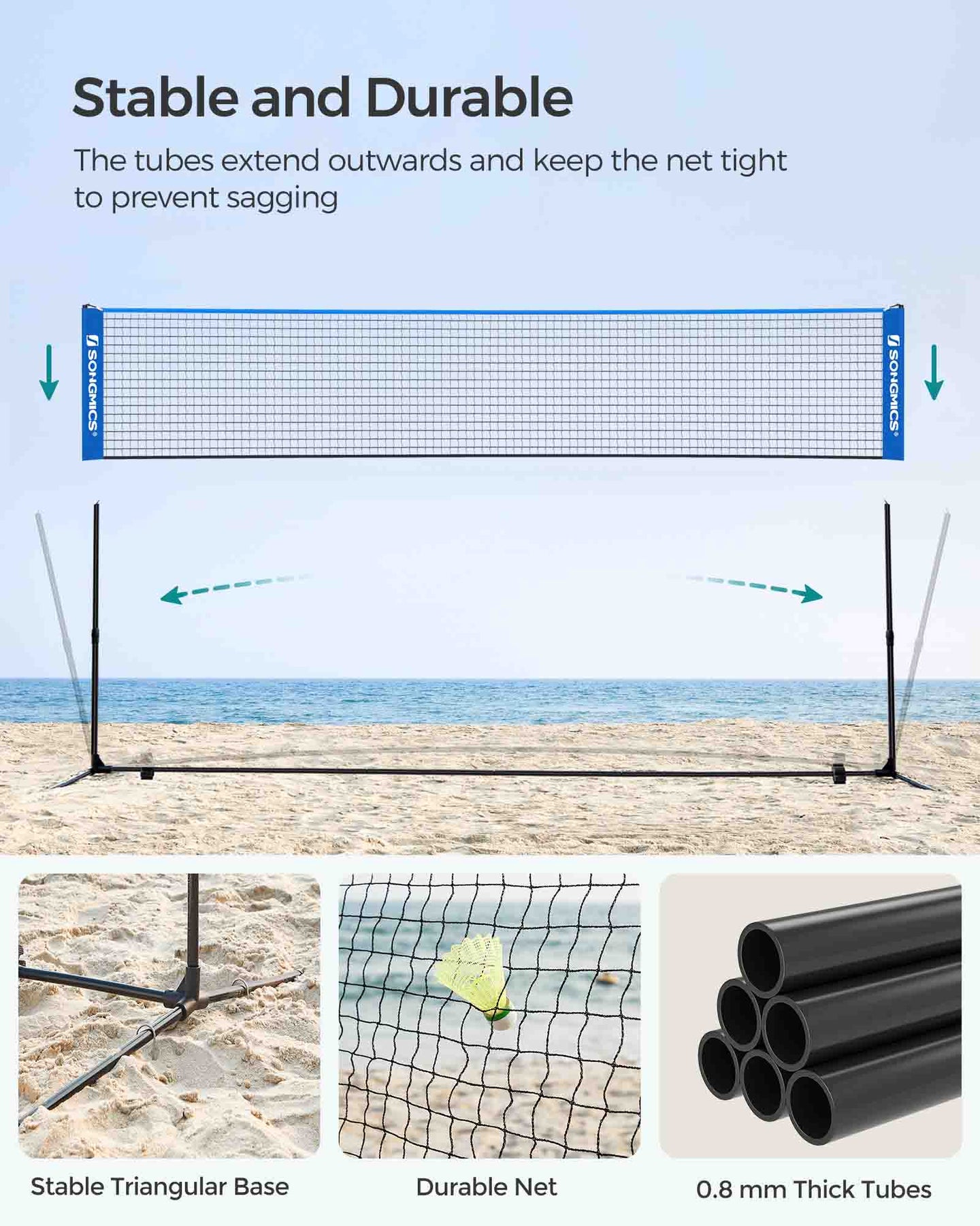 Tennis Net - Polyester - Blue - 5m Height Adjustable with Poles