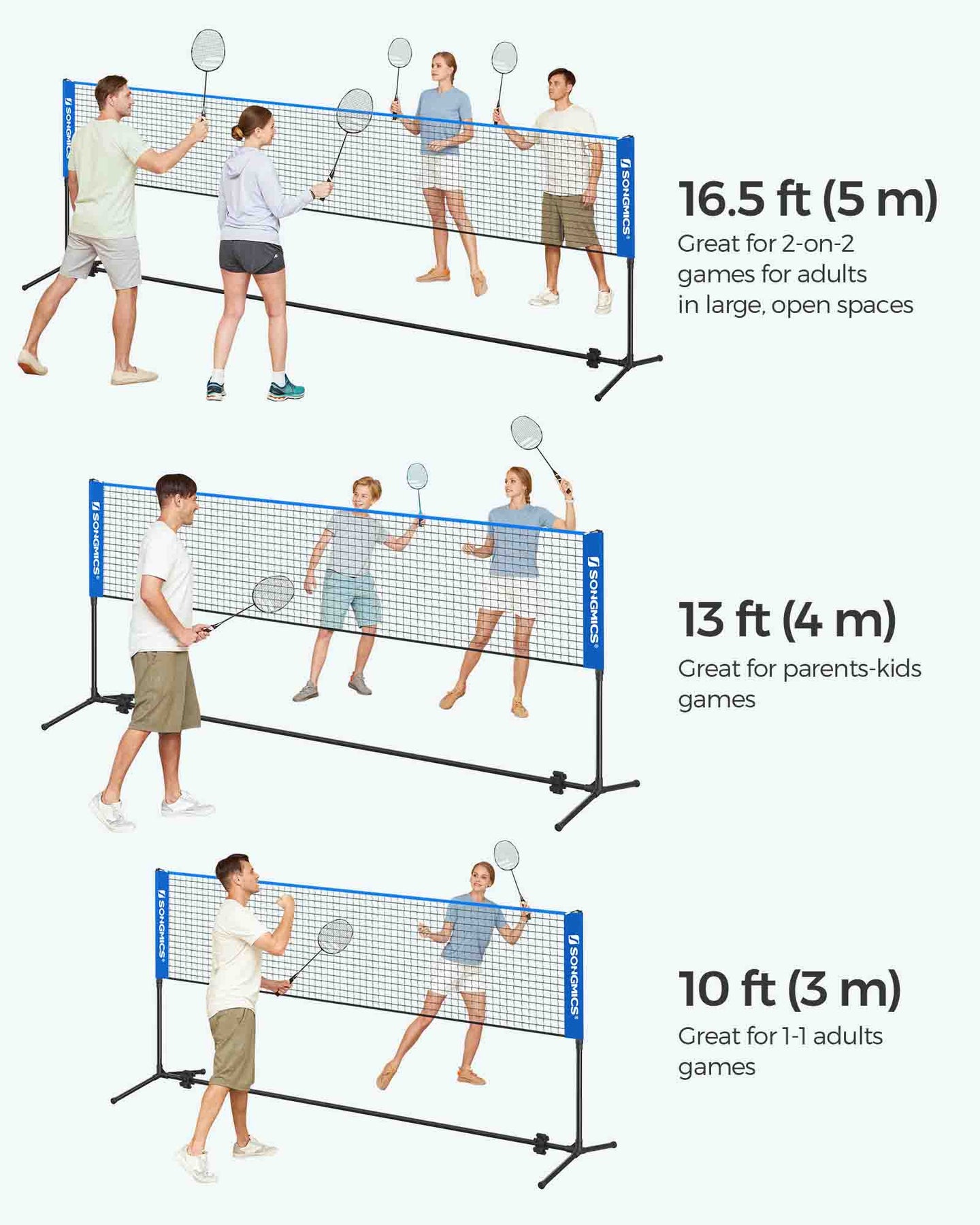 Tennis Net - Polyester - Blue - 5m Height Adjustable with Poles