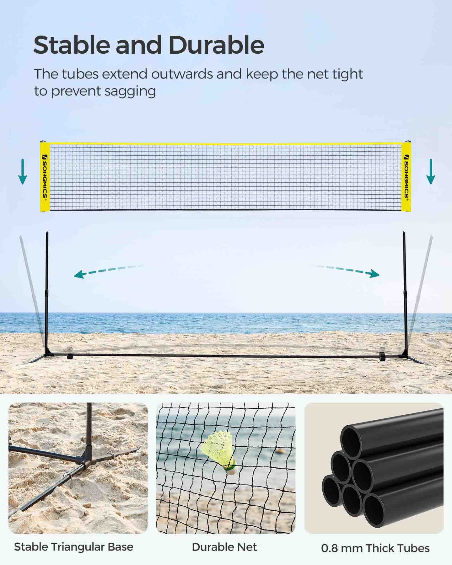Height Adjustable Badminton Net - 5m - Durable Fabric - Includes Adjustable Poles