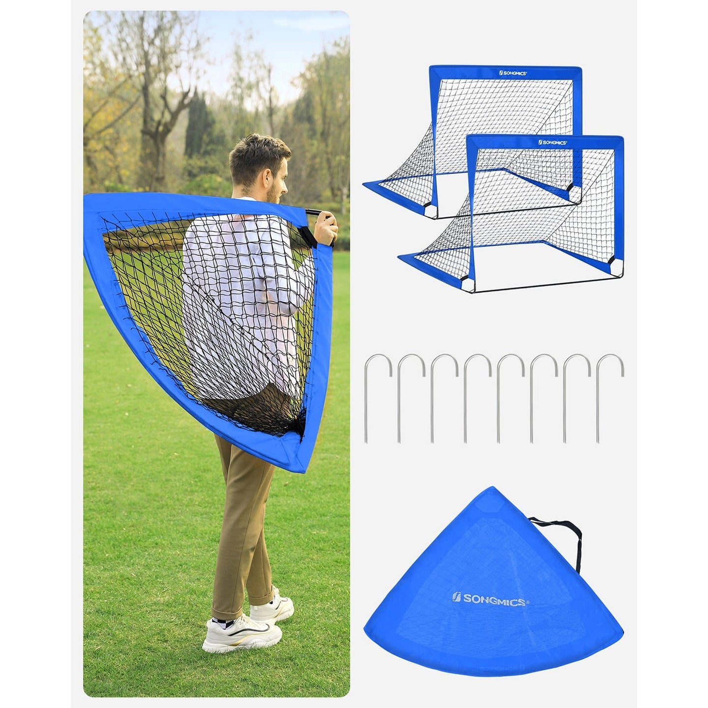Set of 2 Folding Children's Football Goals - Steel - Blue and Red - Lightweight Design for Easy Portability