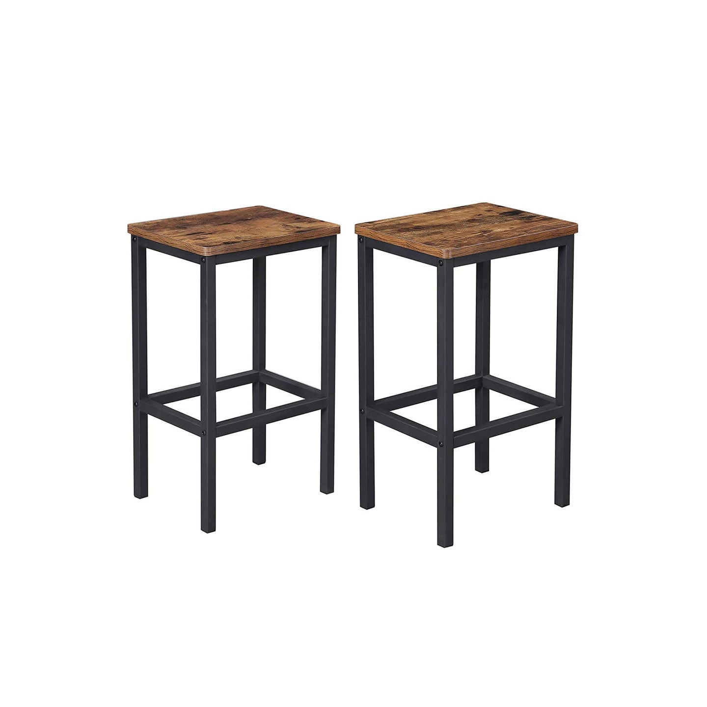 Set of 2 Industrial Bar Stools - Wood - Rustic Brown - Footrest Included