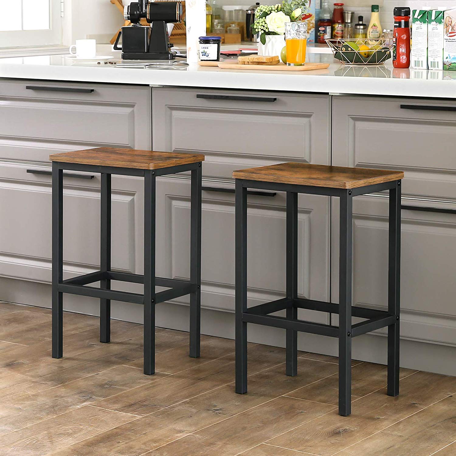 Set of 2 Industrial Bar Stools - Wood - Rustic Brown - Footrest Included
