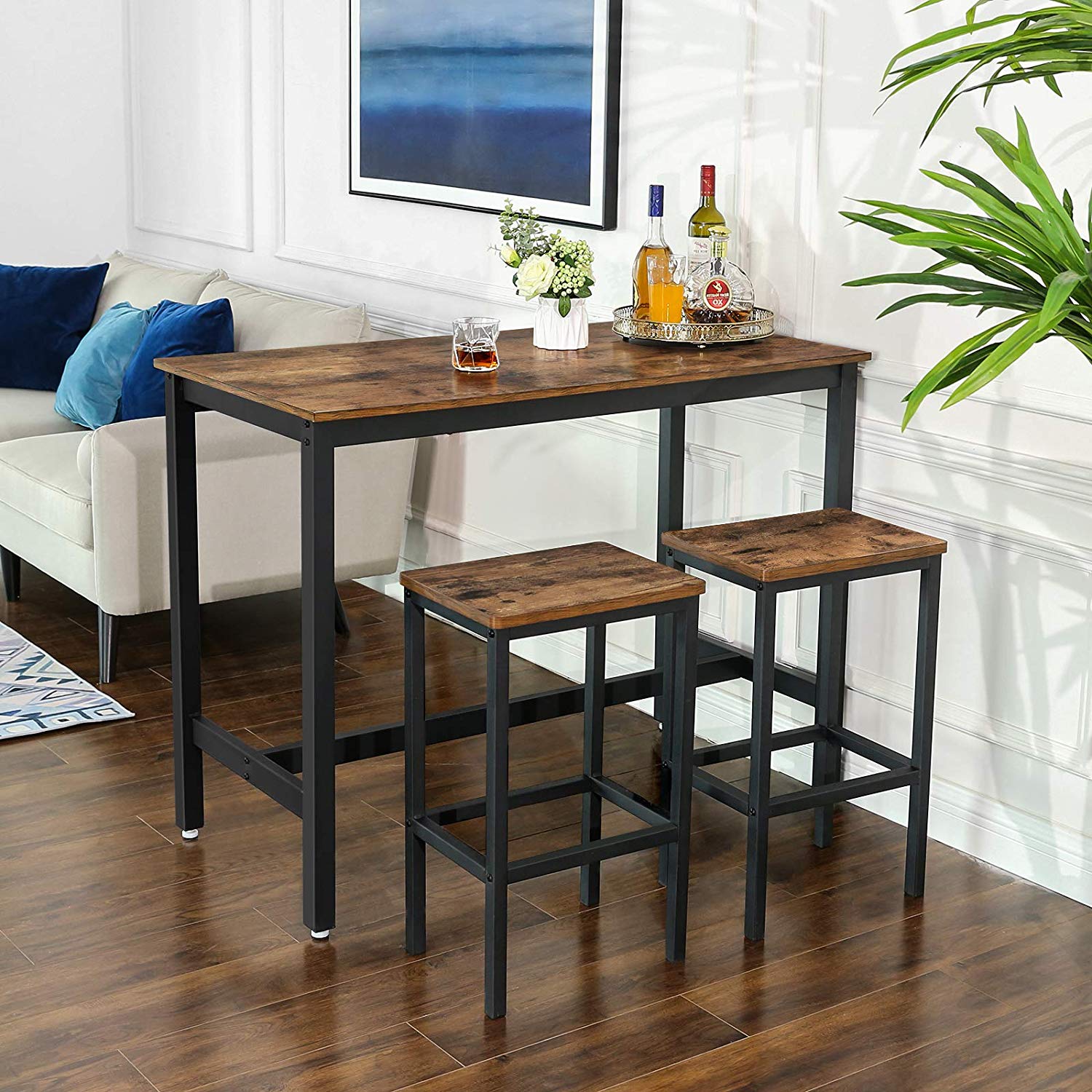 Set of 2 Industrial Bar Stools - Wood - Rustic Brown - Footrest Included