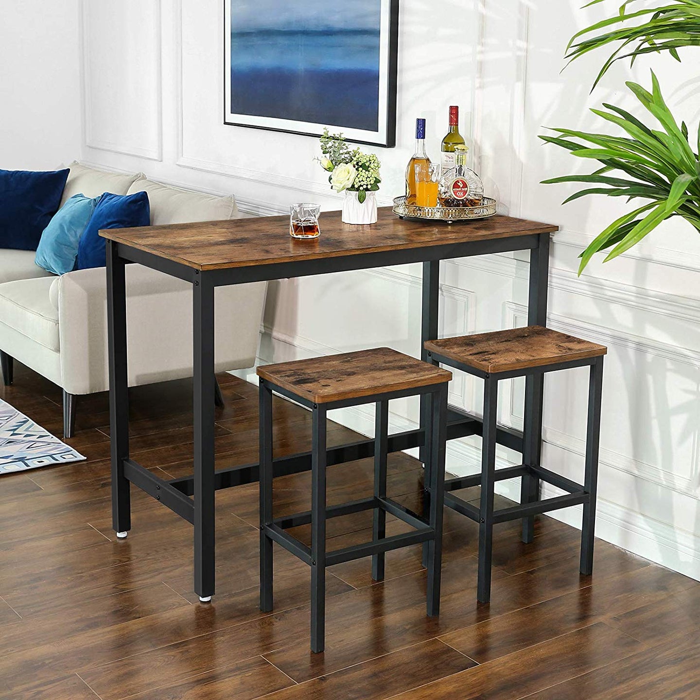 Set of 2 Industrial Bar Stools - Wood - Rustic Brown - Footrest Included