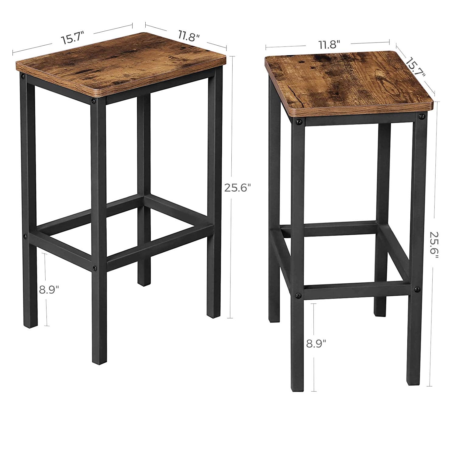 Set of 2 Industrial Bar Stools - Wood - Rustic Brown - Footrest Included