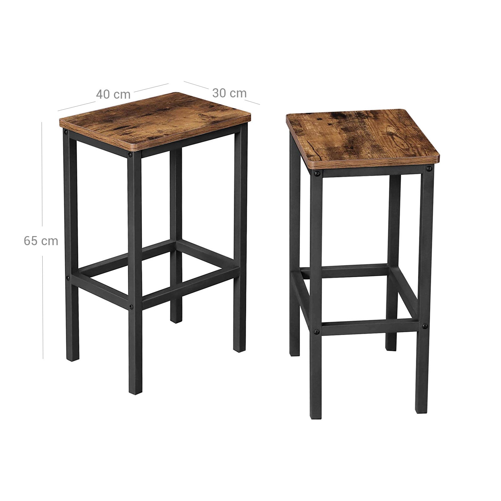 Set of 2 Industrial Bar Stools - Wood - Rustic Brown - Footrest Included