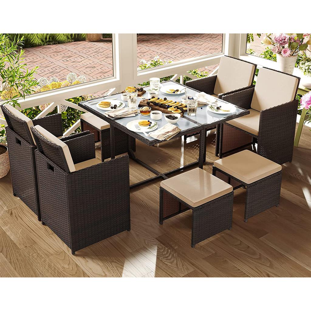 Outdoor Patio Furniture Set - PE Rattan - Black and Beige - Includes Dining Table