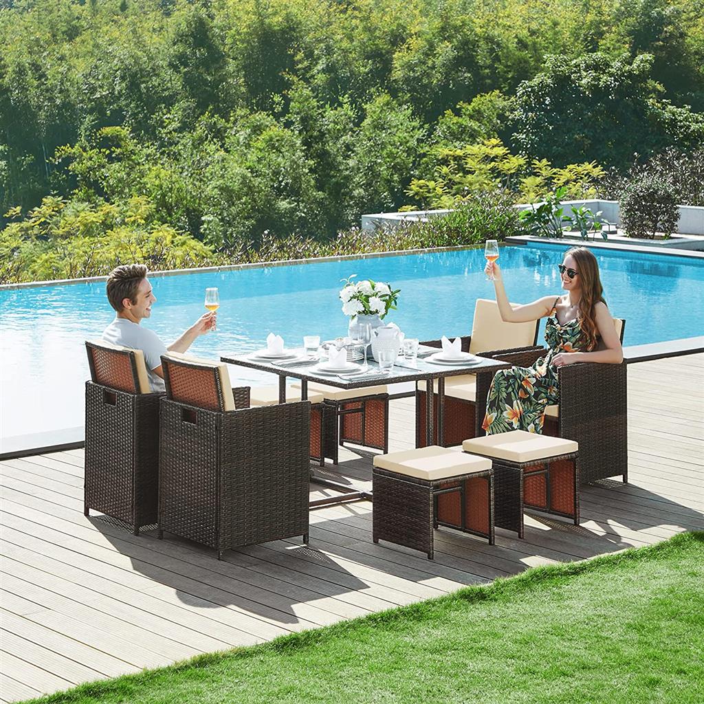 Outdoor Patio Furniture Set - PE Rattan - Black and Beige - Includes Dining Table