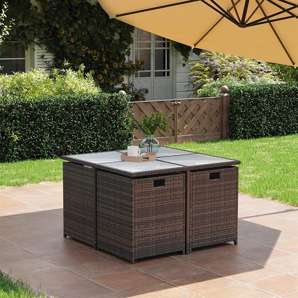 Outdoor Patio Furniture Set - PE Rattan - Black and Beige - Includes Dining Table