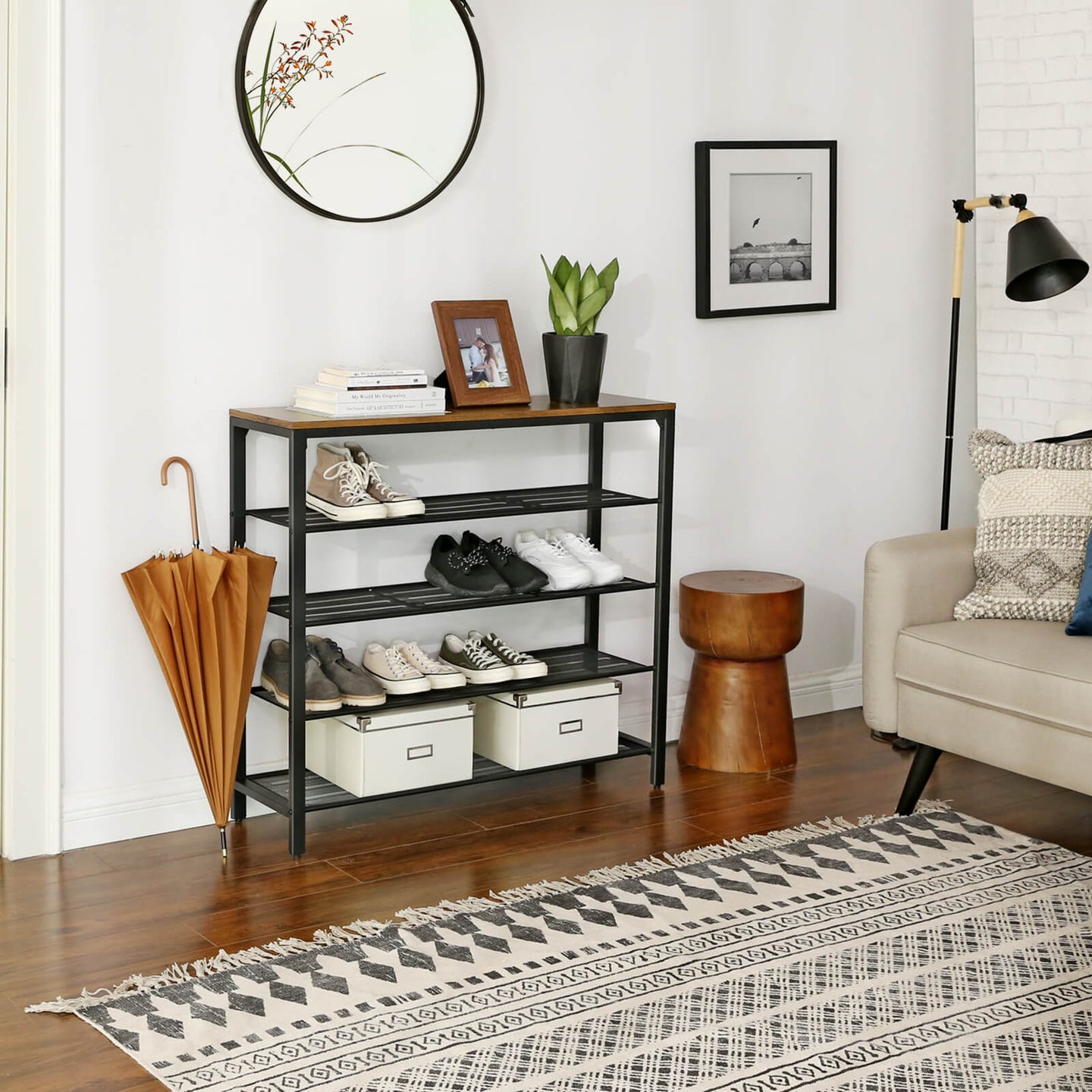 Shoe Storage Organizer - Metal - Rustic Brown - 4 Mesh Shelves with Large Surface for Bags