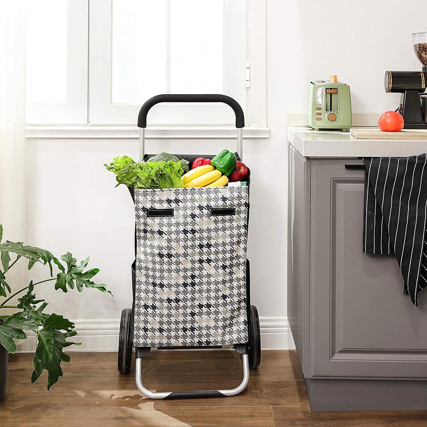 Shopping Trolley - Fabric - Black Houndstooth - 40L Load Capacity with Pockets and Silent Wheels