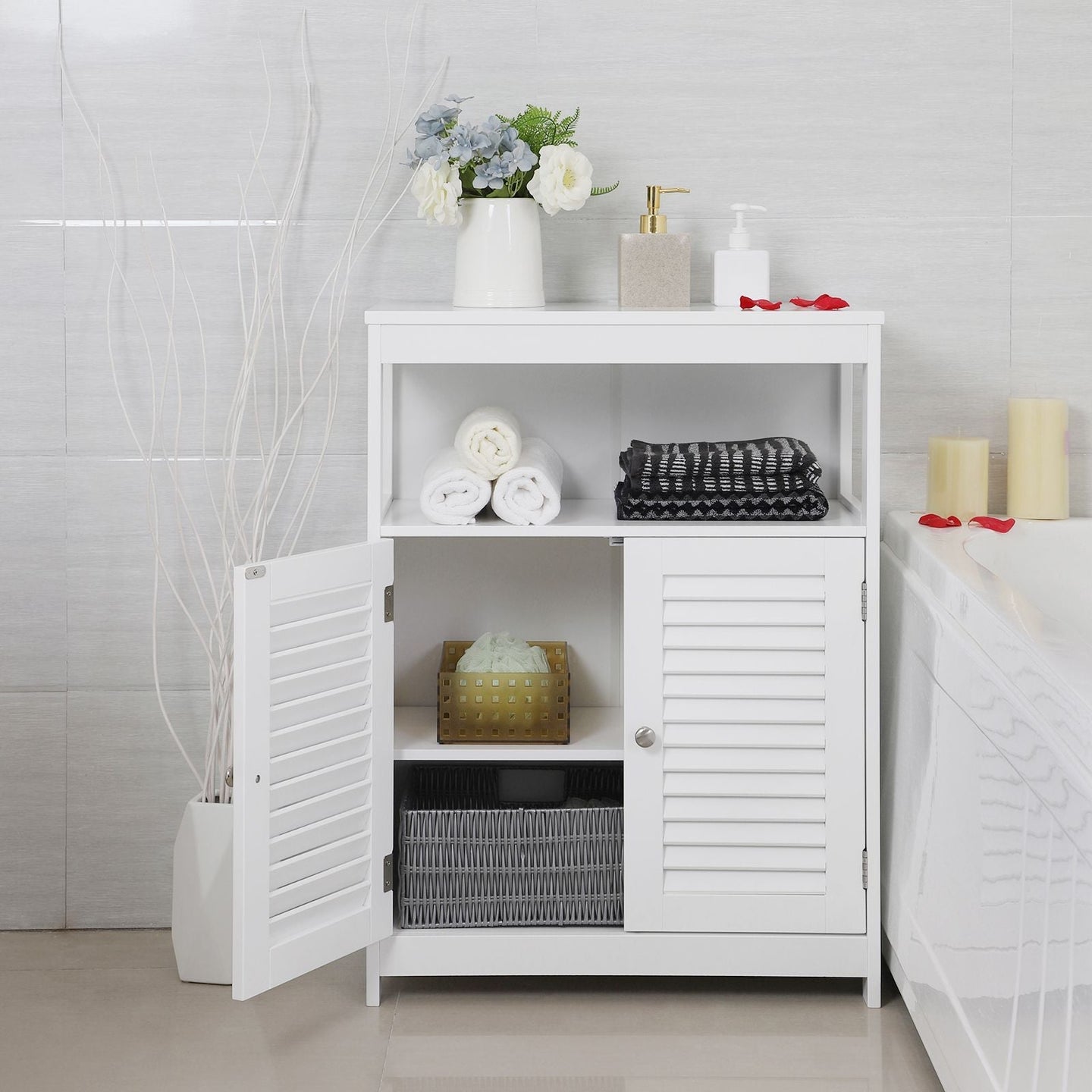 Bathroom Floor Cabinet - Wood - White - Free Standing with Double Shutter Doors