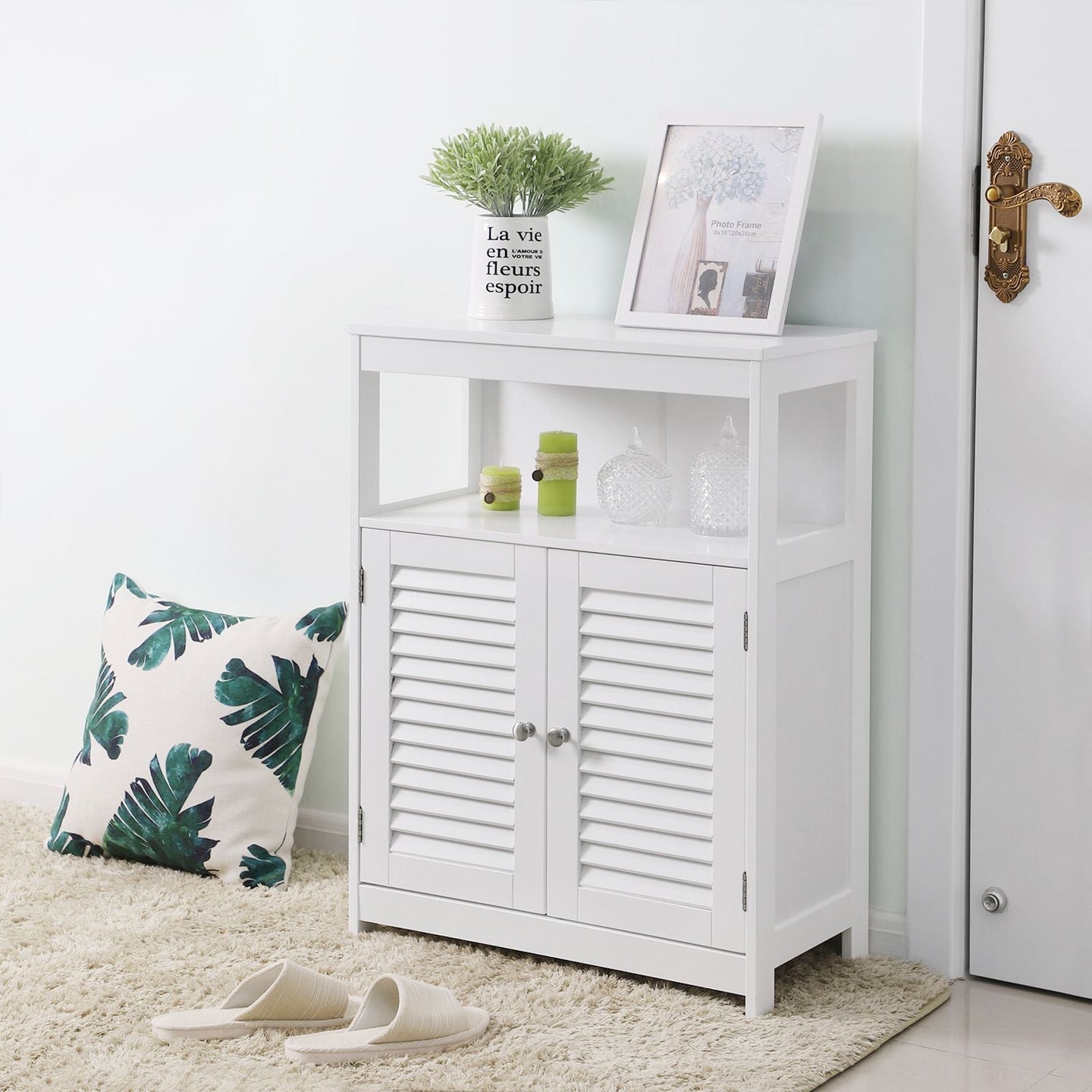 Bathroom Floor Cabinet - Wood - White - Free Standing with Double Shutter Doors