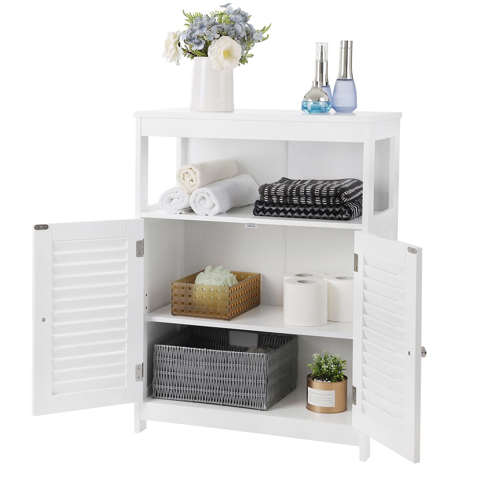 Bathroom Floor Cabinet - Wood - White - Free Standing with Double Shutter Doors