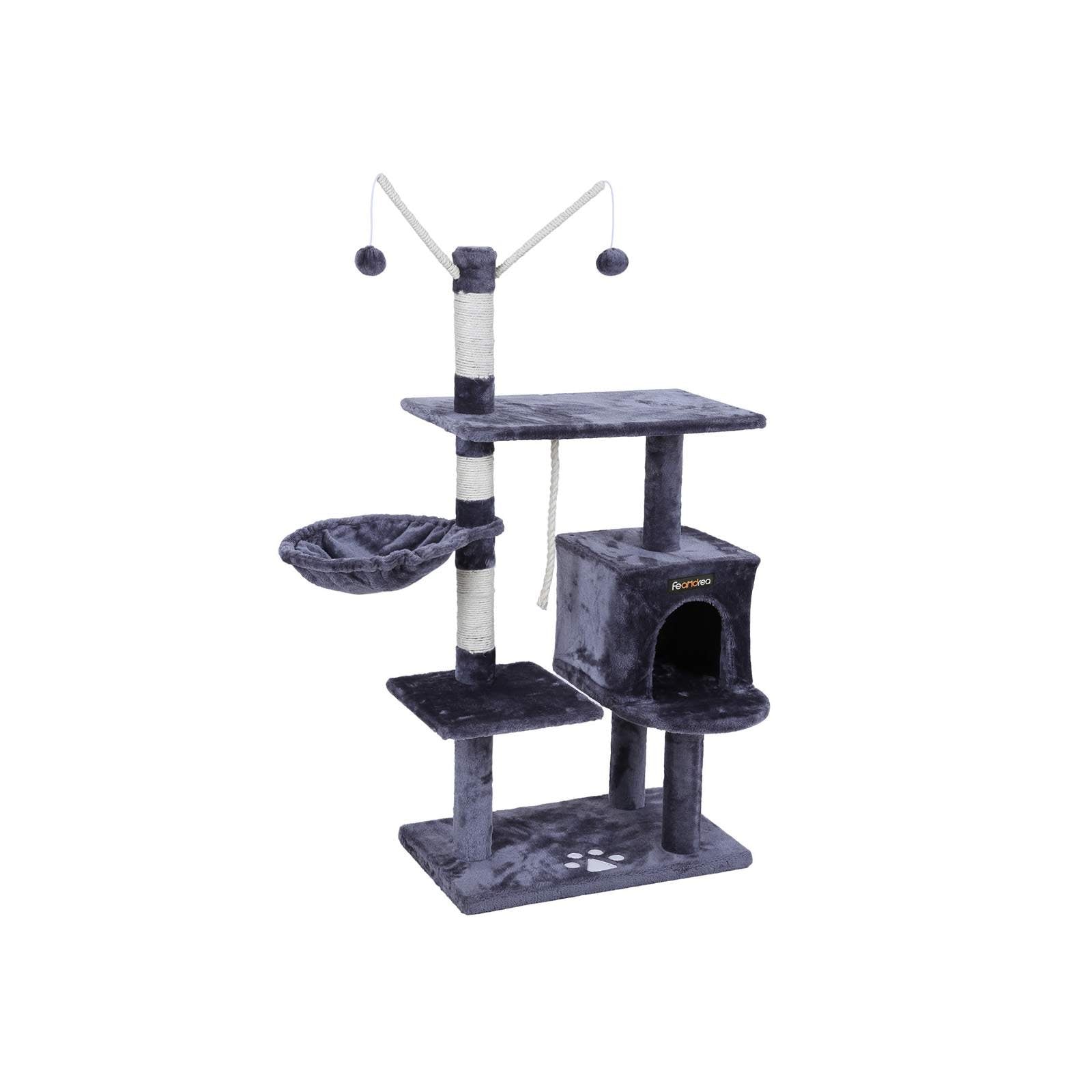 Cat Tree - Engineered Wood - Grey - Features Large Platform and Decorative Balls