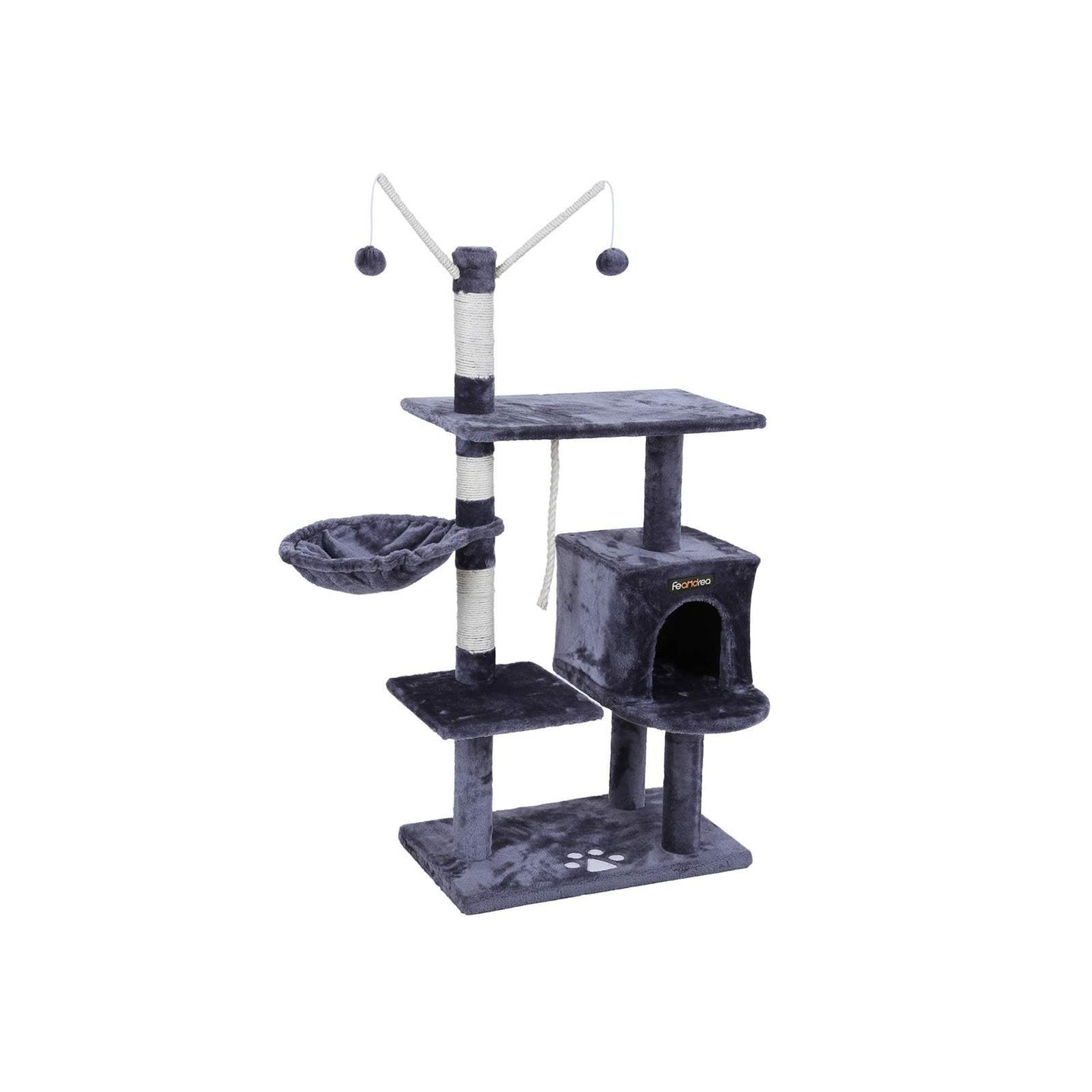 Cat Tree - Engineered Wood - Grey - Features Large Platform and Decorative Balls