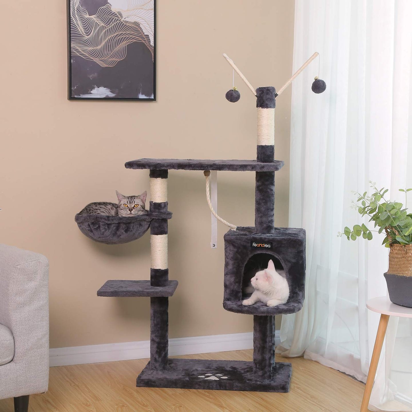 Cat Tree - Engineered Wood - Grey - Features Large Platform and Decorative Balls